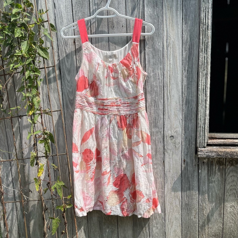 Ann Taylor Loft Dress Size 8 Watercolor Hibiscus  Floral Tan Coral Peach